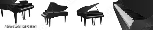 Fotografie, Tablou  Beautiful realistic detailed grand piano vector set in black color with white outlines
