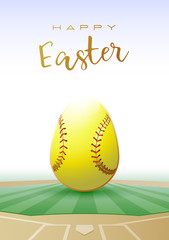 Poster - Happy Easter. Sports greeting card. Realistic softball ball in the shape of Easter egg. Vector illustration.