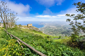 Panorama from Spanish neighborhood (Quartieri Spagnoli) at Erice with the Mediterranean Sea and San Vito Lo Capo in the background, Sicily, Italy