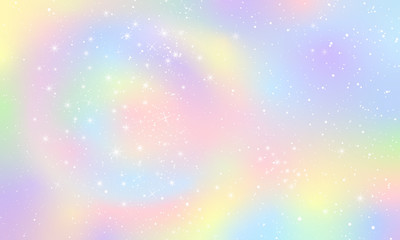 Poster - Pastel Falling Snow Glow Star Background. Colorful Sky Holographic Cloud Rainbow Christmas New Year Celebration Vector