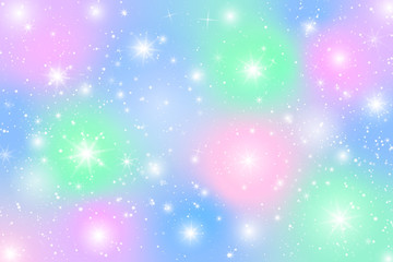 Poster - Pastel rainbow theme holographic circle bokeh cloud illustration. Colorful glow star on sky with falling snow abstract for christmas new year celebration vector