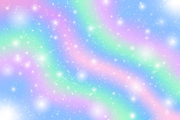 Poster - Pastel Snow Flake Glow Star Background. Colorful Sky Holographic Cloud Rainbow Christmas New Year Celebration Vector