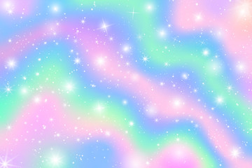 Poster - Pastel rainbow theme holographic circle bokeh cloud illustration. Colorful glow star on sky with falling snow abstract for christmas new year celebration vector