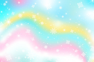 Poster - Pastel Snow Flake Glow Star Vector Background. Colorful Sky Holographic Cloud Rainbow Christmas New Year Celebration Illustration