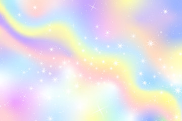 Poster - Pastel Snow Flake Glow Star Background. Colorful Sky Holographic Cloud Rainbow Christmas New Year Celebration Vector