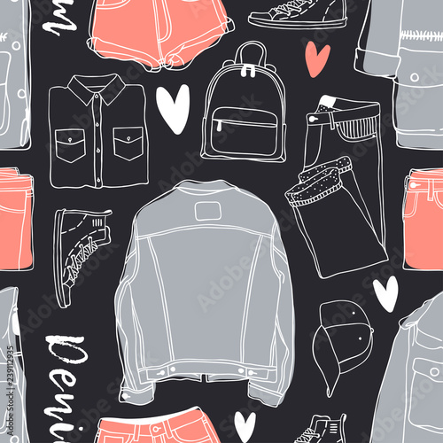 Hand Drawn Seamless Pattern With Jeans Wear Fashion Vector Background Actual Illustration Denim Outfit Original Doodle Style Drawing Clothes Creative Ink Art Work Buy This Stock Vector And Explore Similar Vectors