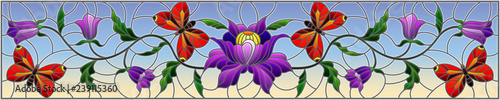 Dekoracja na wymiar  ilustracja-w-stylu-witrazu-z-fioletowymi-kwiatami-dzwonkami-i-czerwonymi-motylami-na-niebie-b