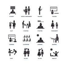 Set Of 16 Icons Such As Wake Up, In Love, Fight, Drawing, Student, Slap, Learning, Studying Icon