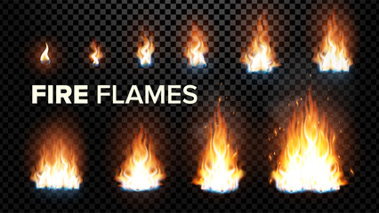 Canvas Print - Fire Flames Set Vector. Different Animation Stages. Burning Light With Sparks Effect. Fiery Heat And Bonfire Flares Design. Isolated On Transparent Background Realistic Illustration