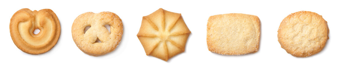 A set of danish butter cookies, cut out. Top view.