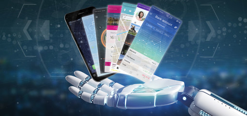Cyborg hand holding Mobile application template on a smartphone 3d rendering
