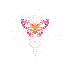 Vector illustration with hand drawn butterfly and Sacred geometric symbol on white background. Abstract mystic sign.