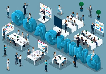 Poster - Isometric cartoon people vector, 3d businessmen, concept of training staff, coach on demand teaches, staff at lecture, great word coaching vector illustration