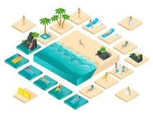 Isometric Cartoon Vector People, 3d Girl In Swimsuit, Set For Creating Her Beach With Beautiful Sea Waves Bright Summer Vector Illustration
