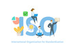 ISO standart, International Organization for Standardization. Concept with people, letters, and icons. Colored flat vector illustration on white background.