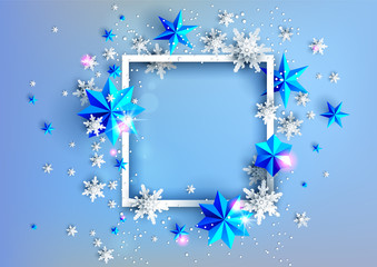 Fotobehang - Realistic shine Banner with place for text template. Shine winter decoration on light blue background with snowflakes and stars