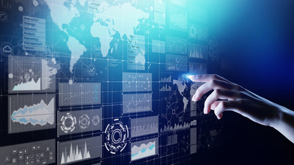 Poster - business intelligence dashboard with graph and icons. big data. trading and investment. modern techn