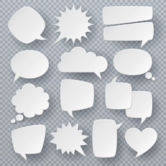 Poster - White speech bubbles. Thought text bubble symbols, origami bubbly speech shapes. Retro comic dialog clouds vector set