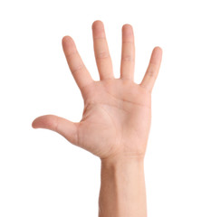 Wall Mural - man showing hand on white background, closeup