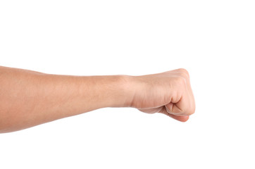 Wall Mural - man showing fist on white background, closeup of hand