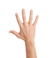 Wall Mural - man showing hand on white background, closeup