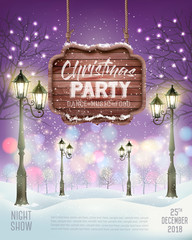 Leinwandbilder - Christmas Holiday Party Flyer background with evening winter landscape. Vector