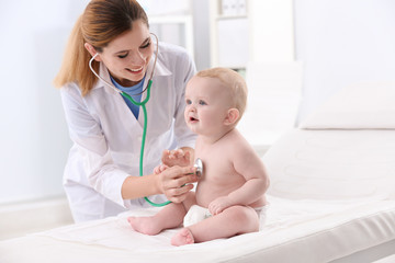 children's doctor examining baby with stethoscope in hospital