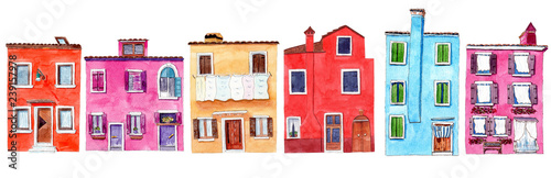 Fotografía Set of watercolor colorful illustration of a houses from Burano