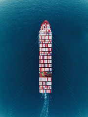 aerial top view container ship on the sea full load container for import export, shipping or transpo