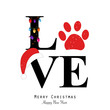 Love text with paw print and colorful light bulb. Happy new year and merry christmas greeting card