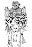 Llama with hat. Coloring Book page for Adult and children. Black and white. Doodle hand-drawn lama.
