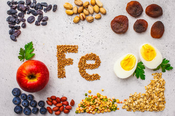 Healthy product sources of iron. Top view, food background, Fe ingredients on a white background.