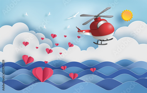 Paper Art Style Of Red Helicopter Flying In The Air With Many