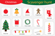 Scavenger hunt, christmas at home, different colorful pictures for children, fun education search game for kids, development for toddlers, preschool activity, set of icons, vector illustration