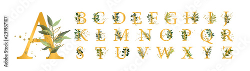 Fotomural Golden floral alphabet font uppercase letters with flowers leaves gold splatters