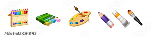 Fotografía vector set of cute tools the professional artist paint palette crayons, pencils