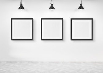 Poster - Three squared frames hanging on a wall mockup 3d rendering