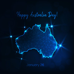 Wall Mural - Happy Australia day greeting card with continent map, stars and text on dark blue background.