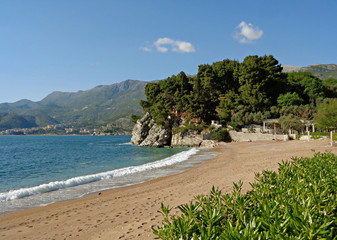 Peaceful sandy beach on the Adriatic coast of Budva, Montenegro, Balkans, Europe