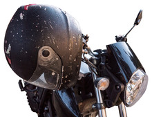 Black motorcycle full face helmet on classic bike bar isolated on white