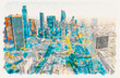 © Tierney - Aerial view of a Downtown Los Angeles at sunset watercolor painting