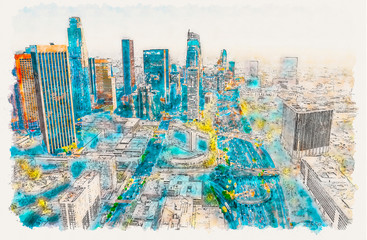 Poster - Aerial view of a Downtown Los Angeles at sunset watercolor painting