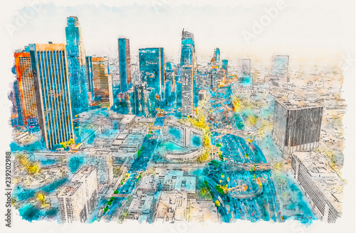 Obrazy Los Angeles  widok-z-lotu-ptaka-centrum-los-angeles-o-zachodzie-slonca-akwarela