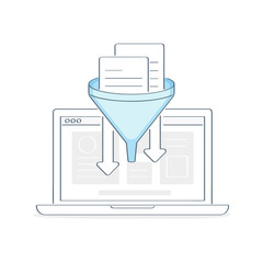 Filtration, bid data filter, information filtering, data processing or data collection, content compilation. Paper documents are passed through the funnel or posting on the laptop