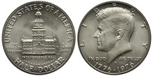 United States US Silver Coin 1/2 Half Dollar (50 Fifty Cents) 1976, Bicentennial Design, Independence Hall, Building With Clock Tower, Head Of President Kennedy Left, 