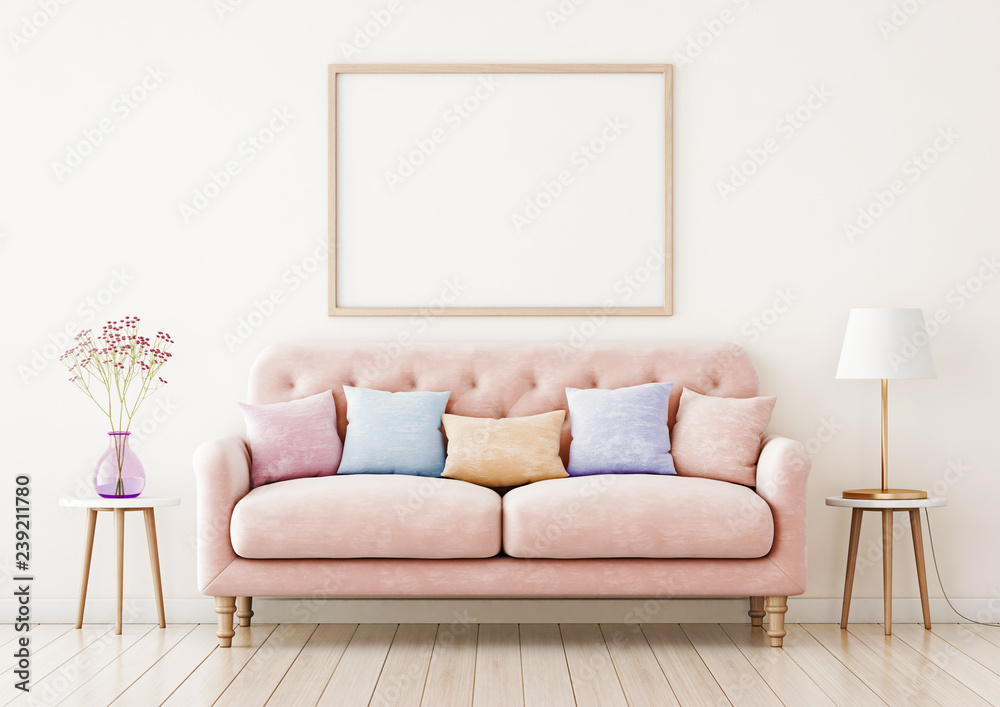 Poster mockup with horizontal frame on empty wall in living room interior with pink sofa and multi-colored pastel pillows. 3D rendering. - obrazy, fototapety, plakaty 