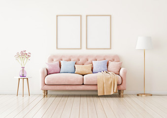 Poster - Poster mockup with two vertical frames on empty wall in living room interior with pink sofa and multi-colored pastel pillows. 3D rendering.