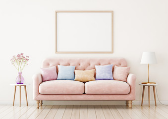 Aufkleber - Poster mockup with horizontal frame on empty wall in living room interior with pink sofa and multi-colored pastel pillows. 3D rendering.