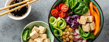 Buddha Bowl Salad With Chickpeas, Sweet Pepper, Tomato, Cucumber, Red Cabbage Kale, Fresh Radish, Spinach Leaves And Tofu Cheese, Healthy Balanced Clean Eating Concept, Top View, Banner