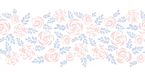 Wall Mural - Modern abstract flat roses and leaves subtle red and blue seamless vector border. Floral silhouette. Flower pattern for Valentines, fabric, card, poster, web banner, frame, stencil, wedding invitation